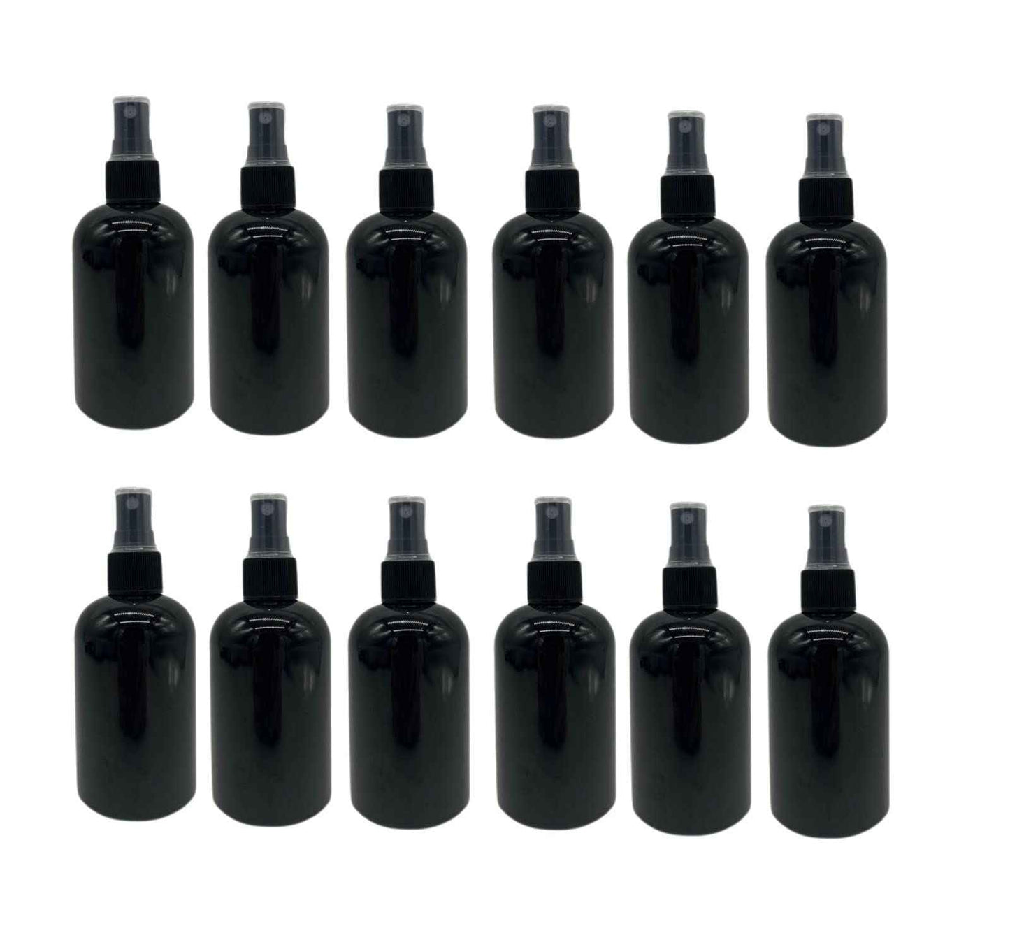 Natural Farms 4 oz Plastic Black Boston BPA FREE Bottles - 12 Pack Empty Refillable Containers - Essential Oils Cleaning Products - Aromatherapy | Black Fine Mist Sprayers - Made in the USA