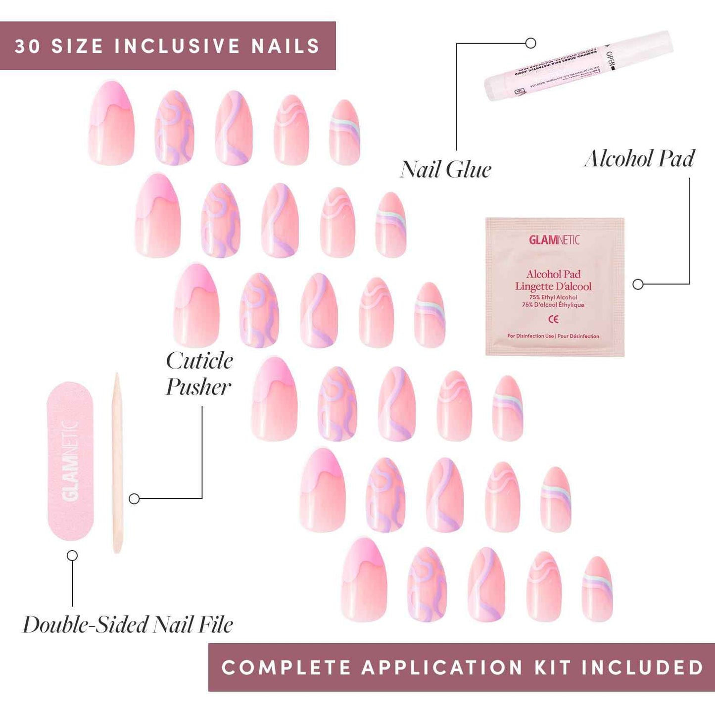 Glamnetic Press On Nails & Brush On Nail Glue Bundle - Wild Card | Semi-Transparent Short Almond Nails with Trendy Pastel Prints | 12 Sizes - 24 Nail Kit with Glue | Reusable, Salon-Quality Fake Nails