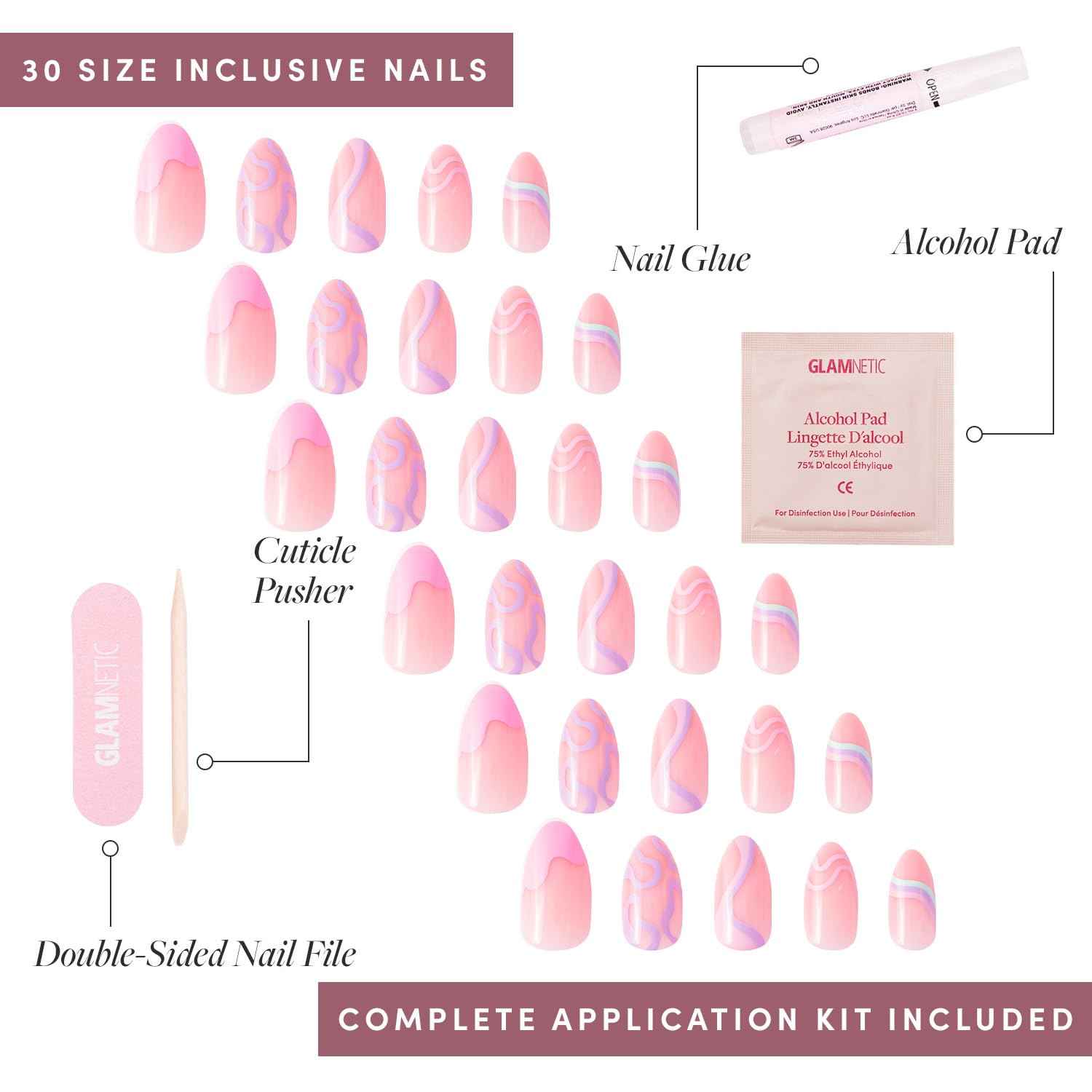 Glamnetic Press On Nails & Brush On Nail Glue Bundle - Wild Card | Semi-Transparent Short Almond Nails with Trendy Pastel Prints | 12 Sizes - 24 Nail Kit with Glue | Reusable, Salon-Quality Fake Nails