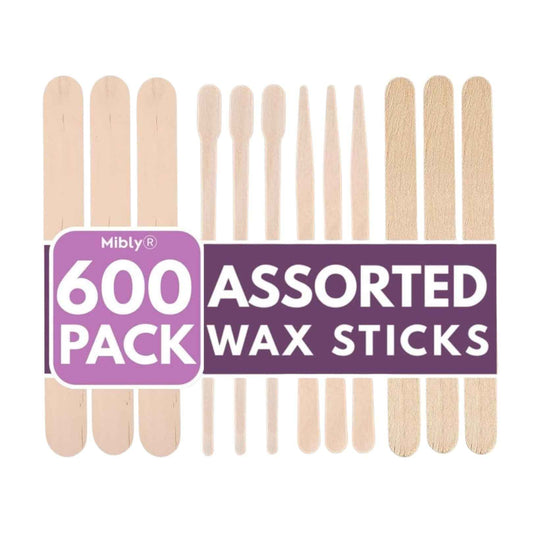 Mibly 4 Style 600 Pcs Assorted Wooden Wax Sticks for Body Legs Face Small Medium Large Sizes Eyebrow Waxing Applicator Spatulas for Hair Removal or Wood Popsicle Craft Sticks (Mix Sticks Pack of 600)