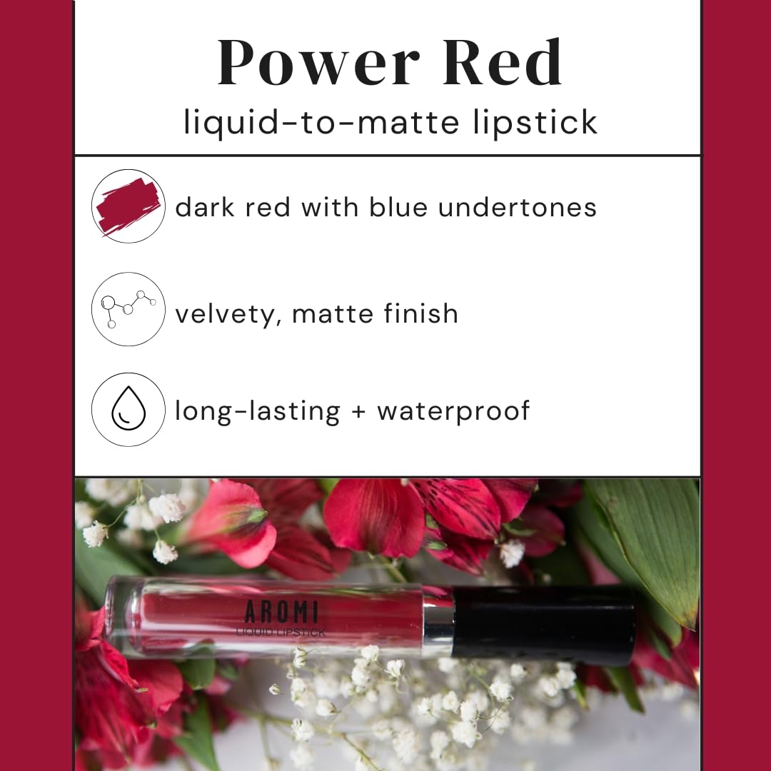 Aromi Matte Liquid Lipstick | Long-lasting, Dark Red, Maroon Lip Color with Blue Undertones, Smudge Proof, Waterproof, Vegan Makeup (Power Red)