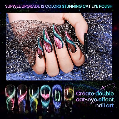 SUPWEE Cat Eye Gel Nail Polish Set - 12 Colors 9D Magnetic Nail Polish Gel Galaxy Cateye Nail Gel Polish with 1 Black Gel and Magnetic Lamp Cure Required Home Manicure DIY Nail Art