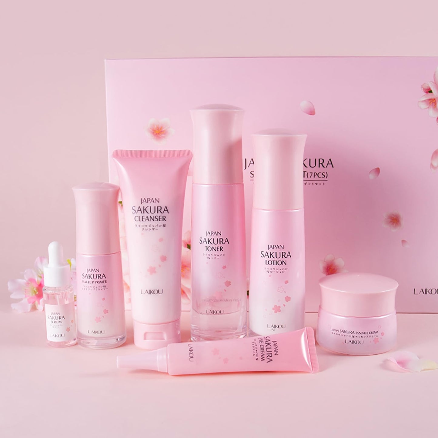 Skin Care Set JAPAN SAKURA Beauty Gift Sets Skin Care Kit with Cleanser, Toner, Lotion, Serum, Eye Cream, Face Cream, Make up Primer Travel Kit for Women Wife Mom 7pcs