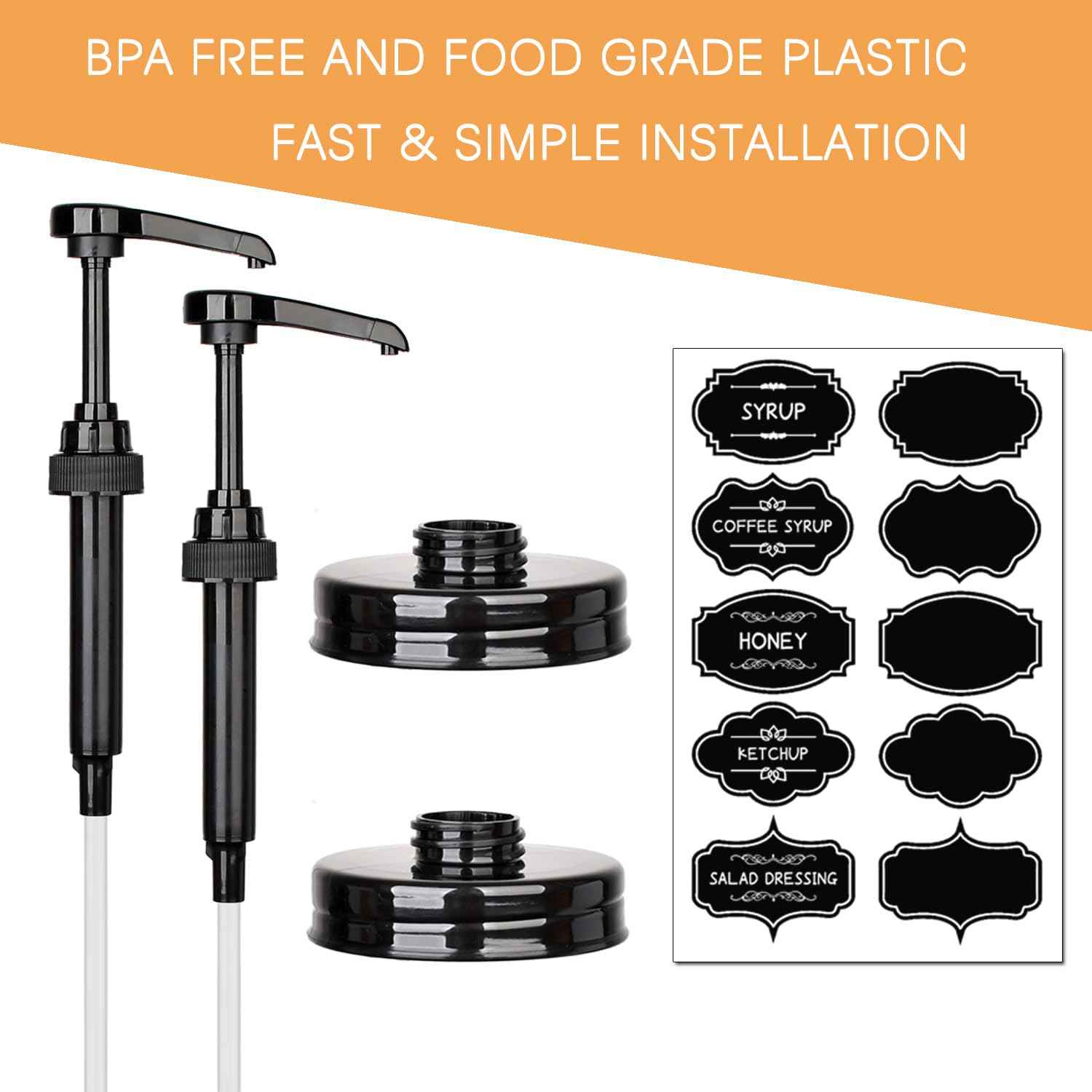 2 Pack Mason Jar Syrup Dispenser Pump Lids, Coffee Syrup Dispensers for Regular Mouth Mason Jars with Rust Proof Plastic Pumps and lids, Kitchen Food Grade Honey Dispenser Pump, Black