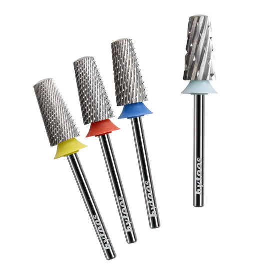 HYTOOS Safety Tapered Nail Drill Bits,4Pcs Uncoated Rounded Top Carbide Nail Bits, 3/32 Two-way Rotate, Manicure Art Accessories Gel Remover (XF,F,M,4XC)