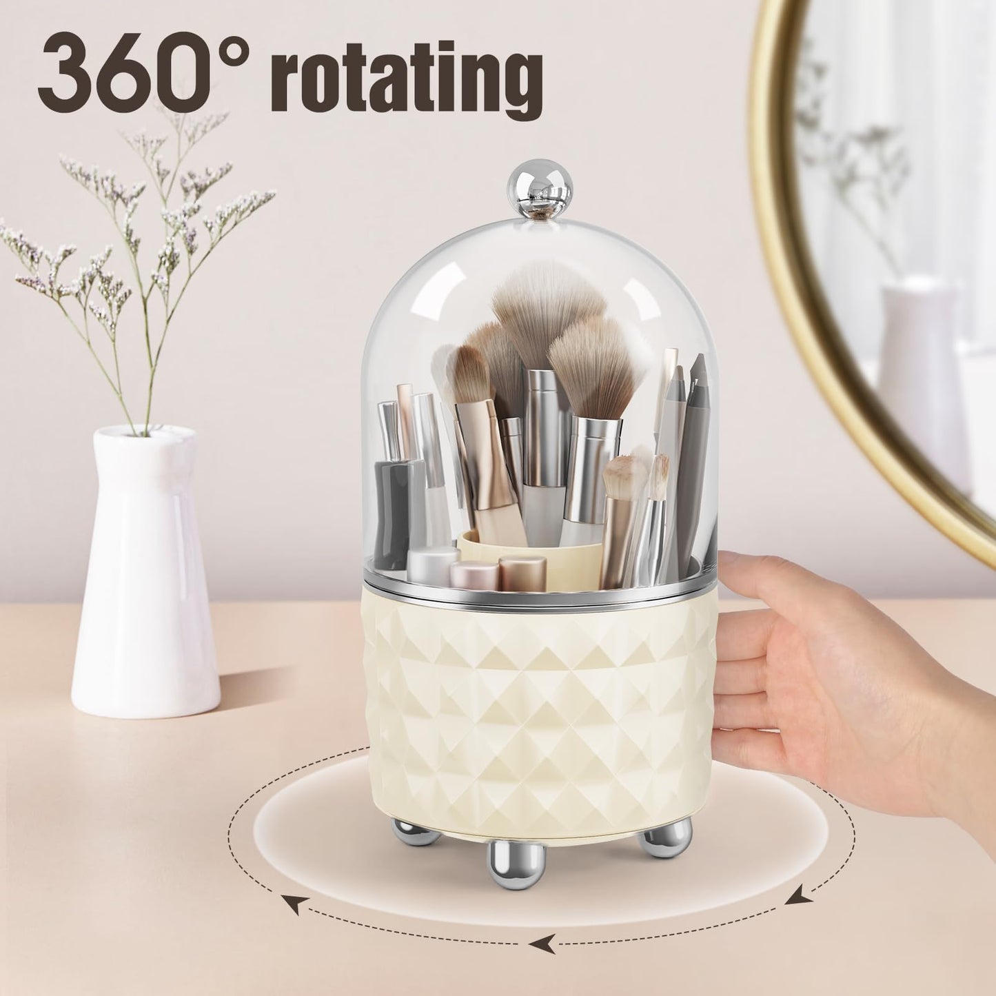 Rosoenvi Makeup Brush Holder Organizer, 360° Rotating Dustproof Makeup Brushes Organizer for Vanity, 6 Compartment Make Up Brushes Cup with Lid for Countertop Organization, Skincare, Beige