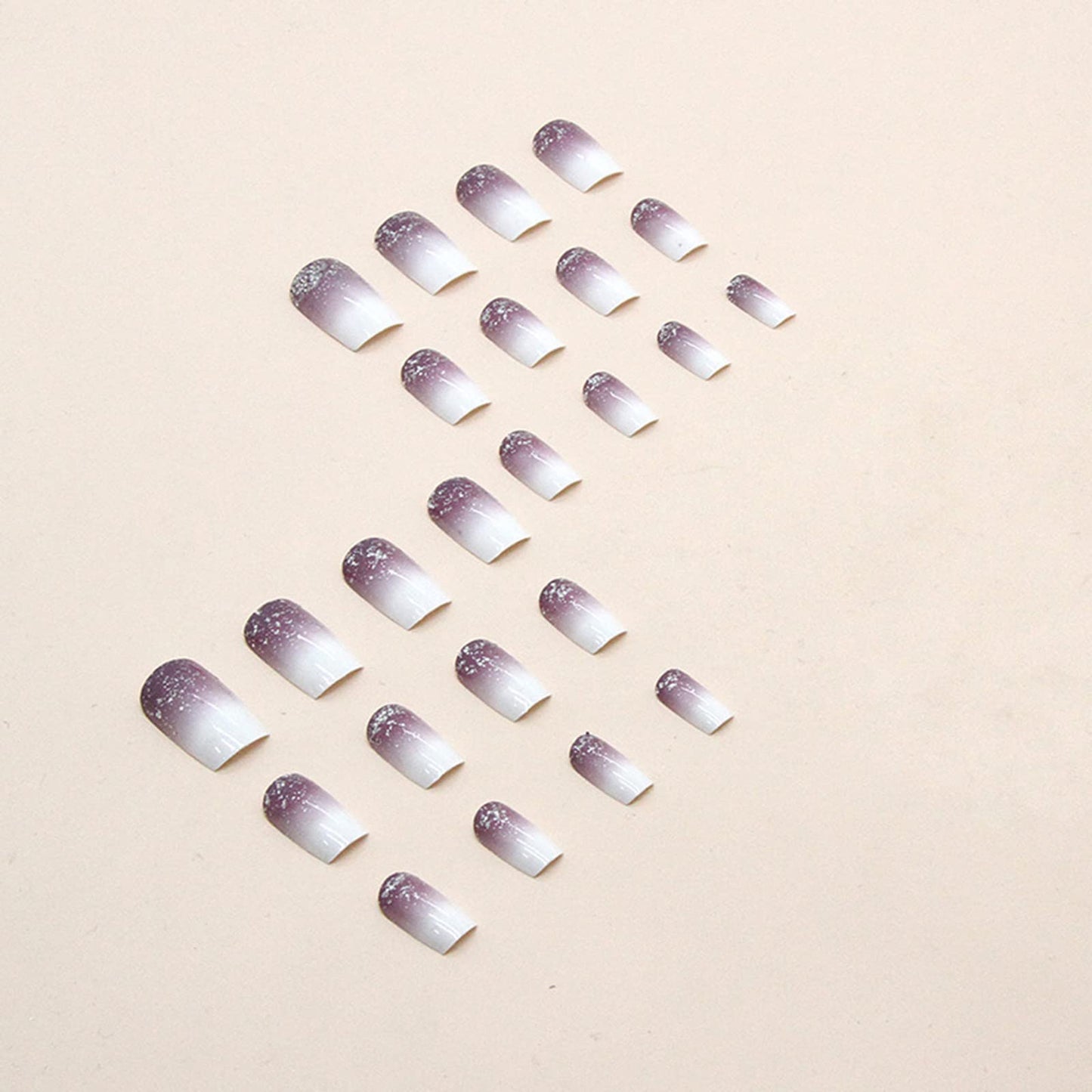 Press on Nails Short Square Fake Nails Purple White Gradient False Nails with Silver Glitters Design Full Cover Glue on Nails White Nail Tips Acrylic Nails Glossy Purple Stick on Nails for Women