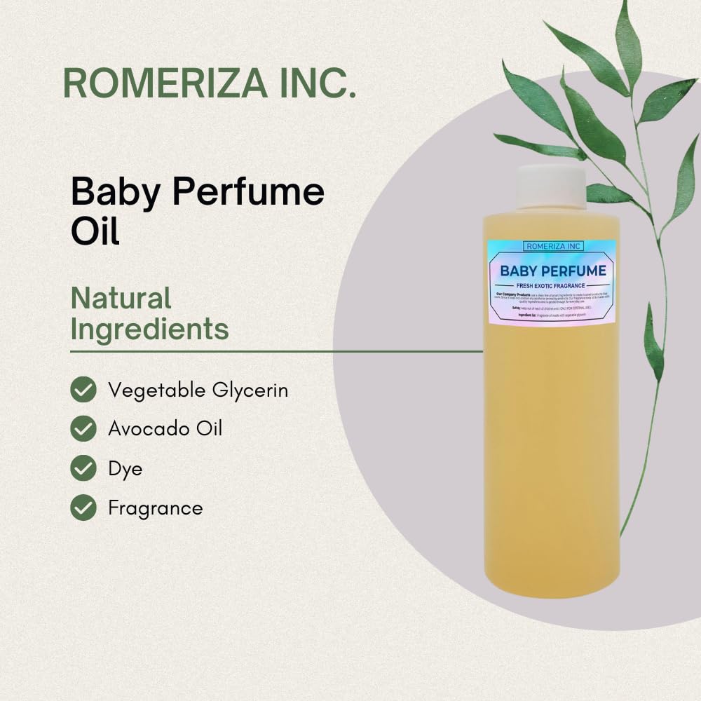 ROMERIZA INC. Baby Essential Fragrance Body Oil - luxury Unisex Body Oil - Perfume Scented Oils - Adorable Smell of Baby Perfume –Long Lasting Baby Scented Body Oil - 4 Fl Oz