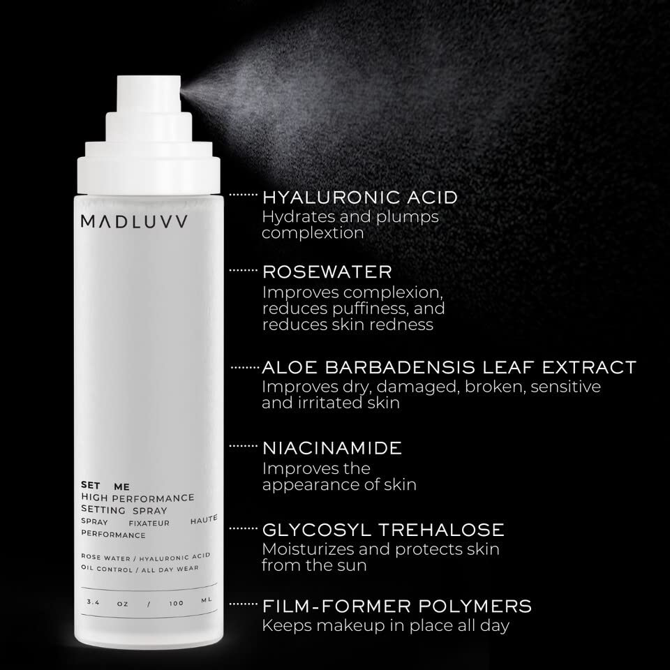 MADLUVV Set Me Illuminating Makeup Setting Spray, Hyaluronic Acid & Rosewater Mist for a Hydrated Glow – 3.4oz. Standard