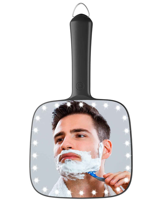 Famihomii Lighted Handheld Mirror, 6.2"x 5.9" Square Glass Frame with LED Beads, Battery Operated, Ideal for Haircut, Shaving, Makeup, and Wound Care