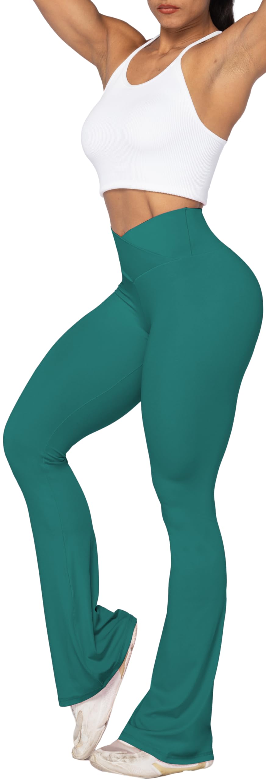 Sunzel Flare Leggings, Crossover Yoga Pants with Tummy Control, High-Waisted and Wide Leg, 30" Inseam, Jasper Green, X-Small