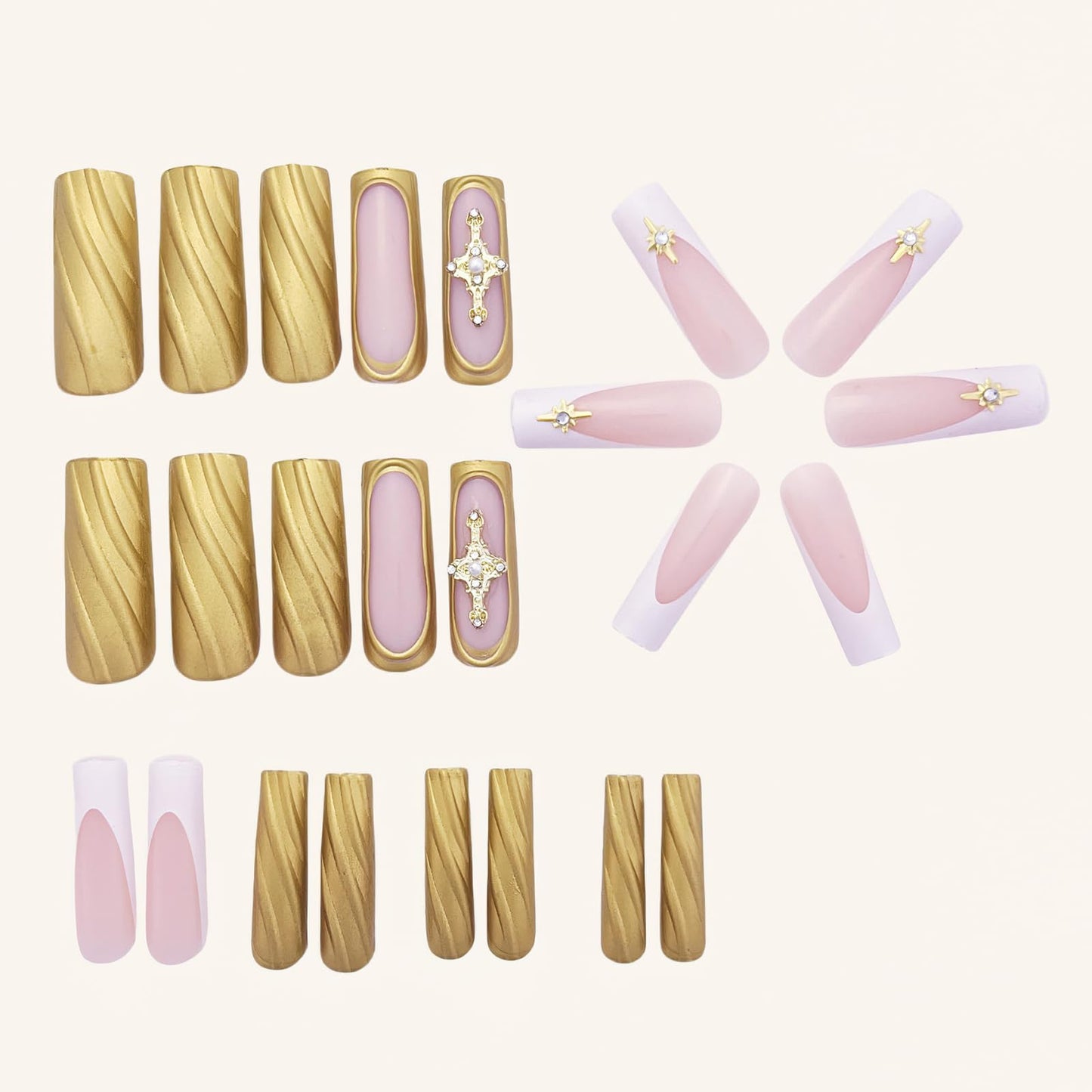 French Tip Press on Nails Long Square Fake Nails Glossy Gold Solid Color Coffin False Nails with 3D Relief Design Acrylic Nails Luxury Star Charms Glue on Nails for Women Girls Manicure Art 24Pcs