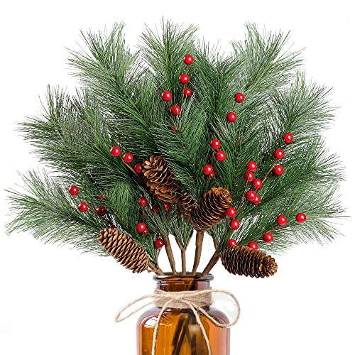 Sggvecsy 5 Pack Christmas Berries Pine Picks Artificial Red Berry Pine Branches Long Faux Pine Stem with Pinecones for Xmas Tree Wreath DIY Craft Floral Arrangement Holiday Season Decor