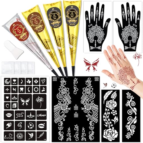 Temporary Tattoo Kit with 34 Stencils, 4 Inks & Gloves