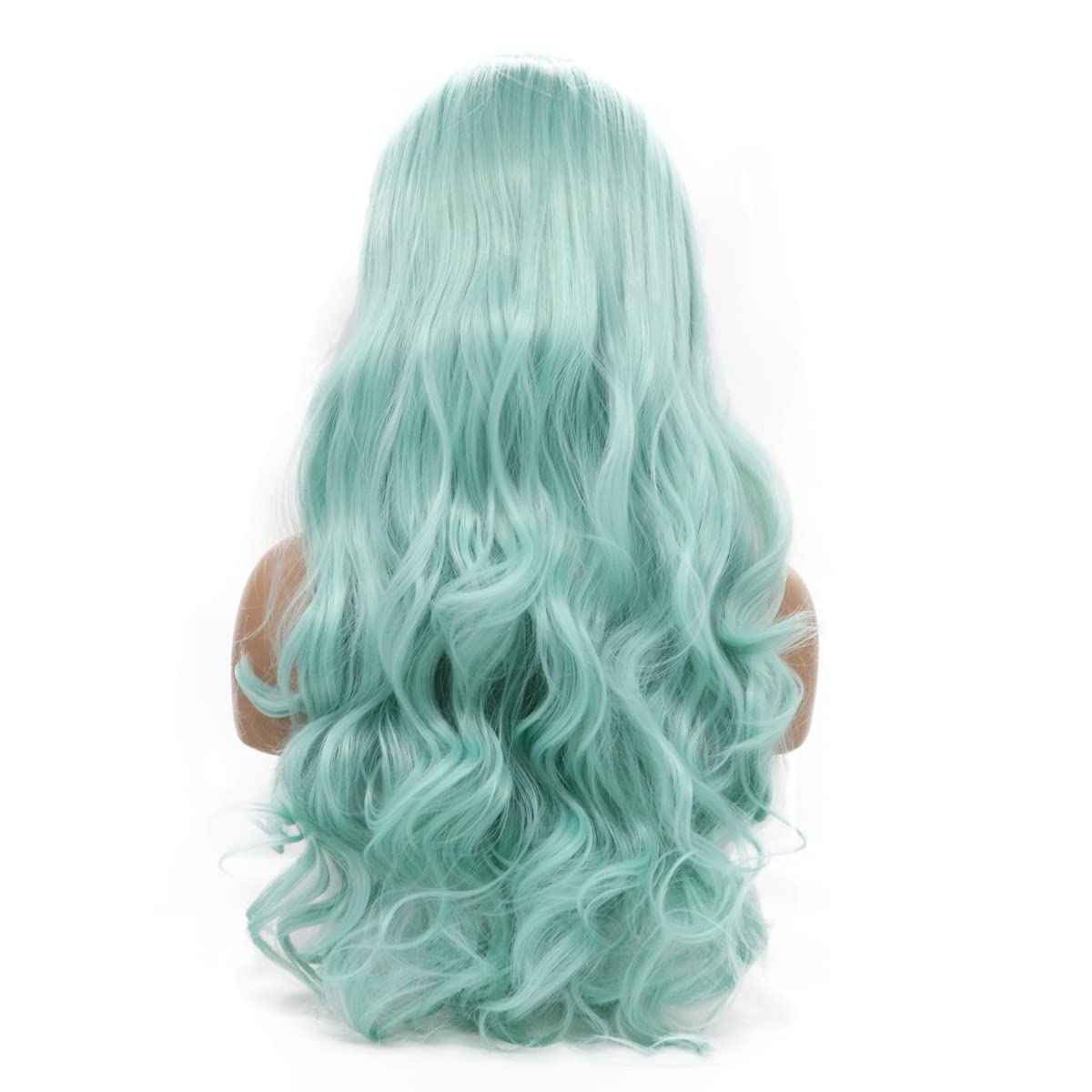 karissa Hair Green Wig Long Wavy Mint Lace Front Wigs Pastel Light Blue Synthetic Realistic Pre Plucked Hairline Glueless Heat Resistant Fiber Replacement Halloween Costume Cosplay Party 24 Inches
