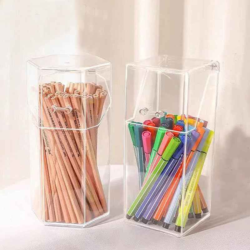 Zerodeko 2Pcs Acrylic Holder with Lid – Makeup Brush Clear DIY Cosmetic Organizer for Desktop, Storage Box for Makeup Brushes, Pens, Stationery, Nordic Style Desk Organizer