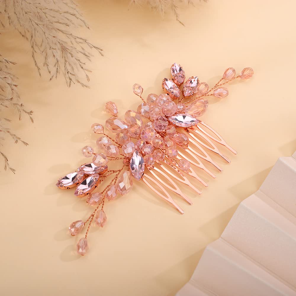 Teyglen Dainty Simple Full Rhinestones Hair Comb Pink Rose Gold Bride Wedding Hair Comb Luxurious Shiny Crystal Bridal Side Hair Pieces Hair Accessories for Women Girls (Pink)