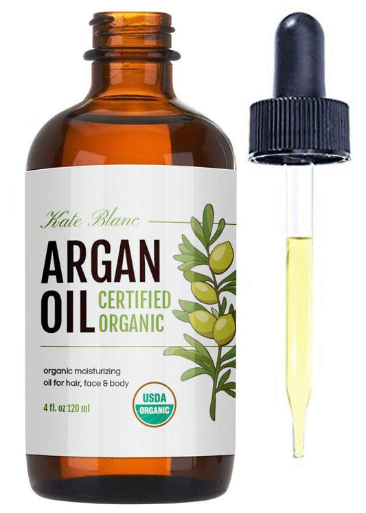 Kate Blanc Cosmetics Argan Oil for Hair and Skin Moisturizer (Light 4oz) 100% Pure Cold Pressed Organic Argan Hair Oil for Curly Frizzy Hair. Stimulate Growth for Dry Damaged Hair