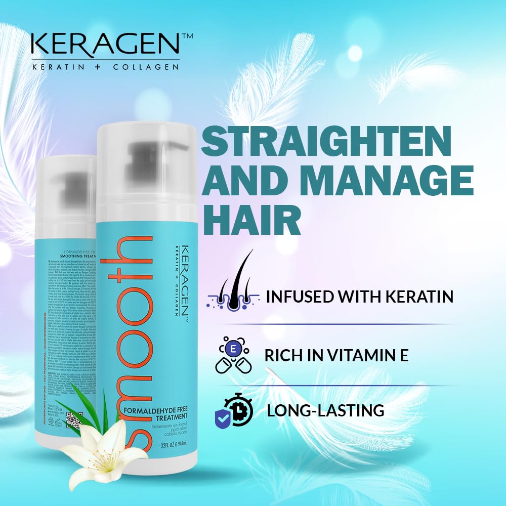 Keragen - Brazilian Keratin Smoothing Treatment, Blowout Straightening System for Dry and Damaged Hair, Formaldehyde Free, 32 Oz - Eliminate Curls and Frizz, Fine to Medium Hair