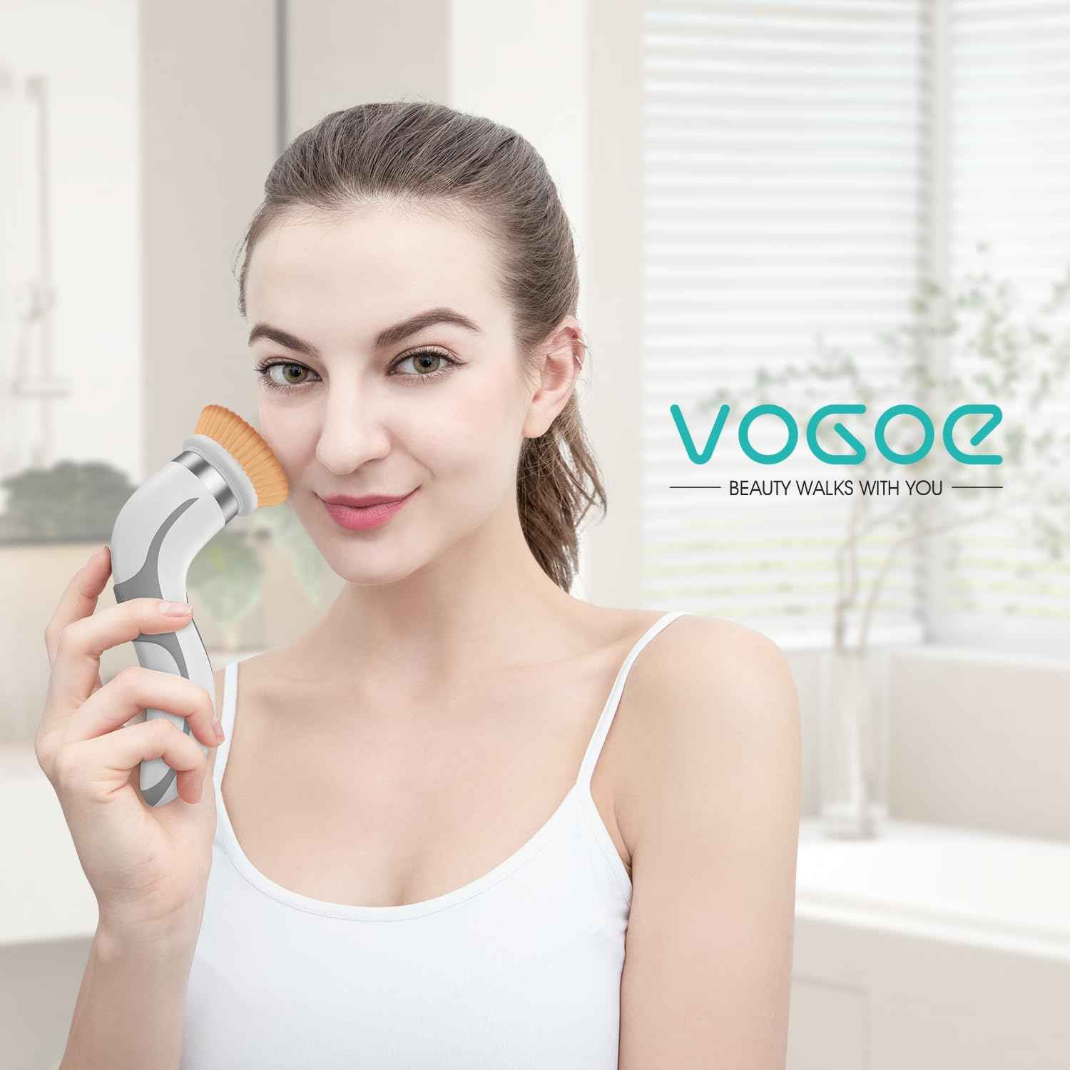 VOGOE Facial Cleansing Brush-Spin Face Scrubber Exfoliator Rechargeable, 2-Speed Rotation, Electric Face Wash Brushes for Cleansing and Exfoliating, with 2 Brush Heads, Grey