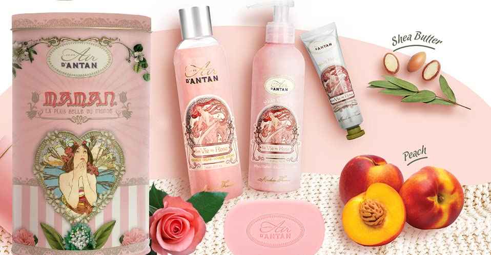 Un Air d'Antan Spa Gifts for Women - Gift Basket with Hand Cream, Rose Scented - 4 Products in Tall Tin