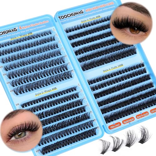 TOOCHUNAG Fluffy Lash Clusters 520pcs Individual Lashes Cluster Eyelash Extensions Wispy DIY Eye Lash Extension Thick Volume Curly Eyelash Clusters(8-18mm,4 Styles)