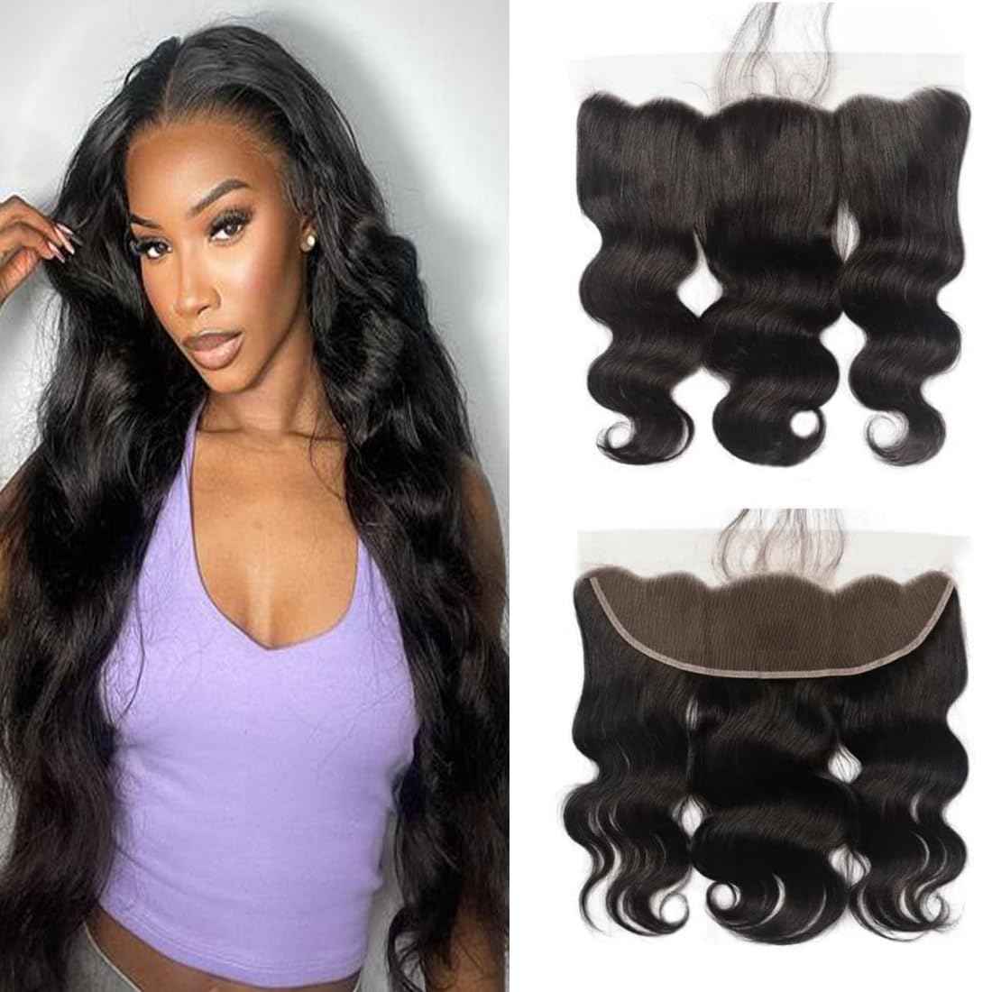 13x4 Lace Frontal Closure Body Wave Ear to Ear 16 Inch Brazilian Virgin Human Hair Closure Free Part 180% Density Hair Extensions Pre Plucked Natural Black 180% Density (13 x 4 Body Wave, 16 inch)