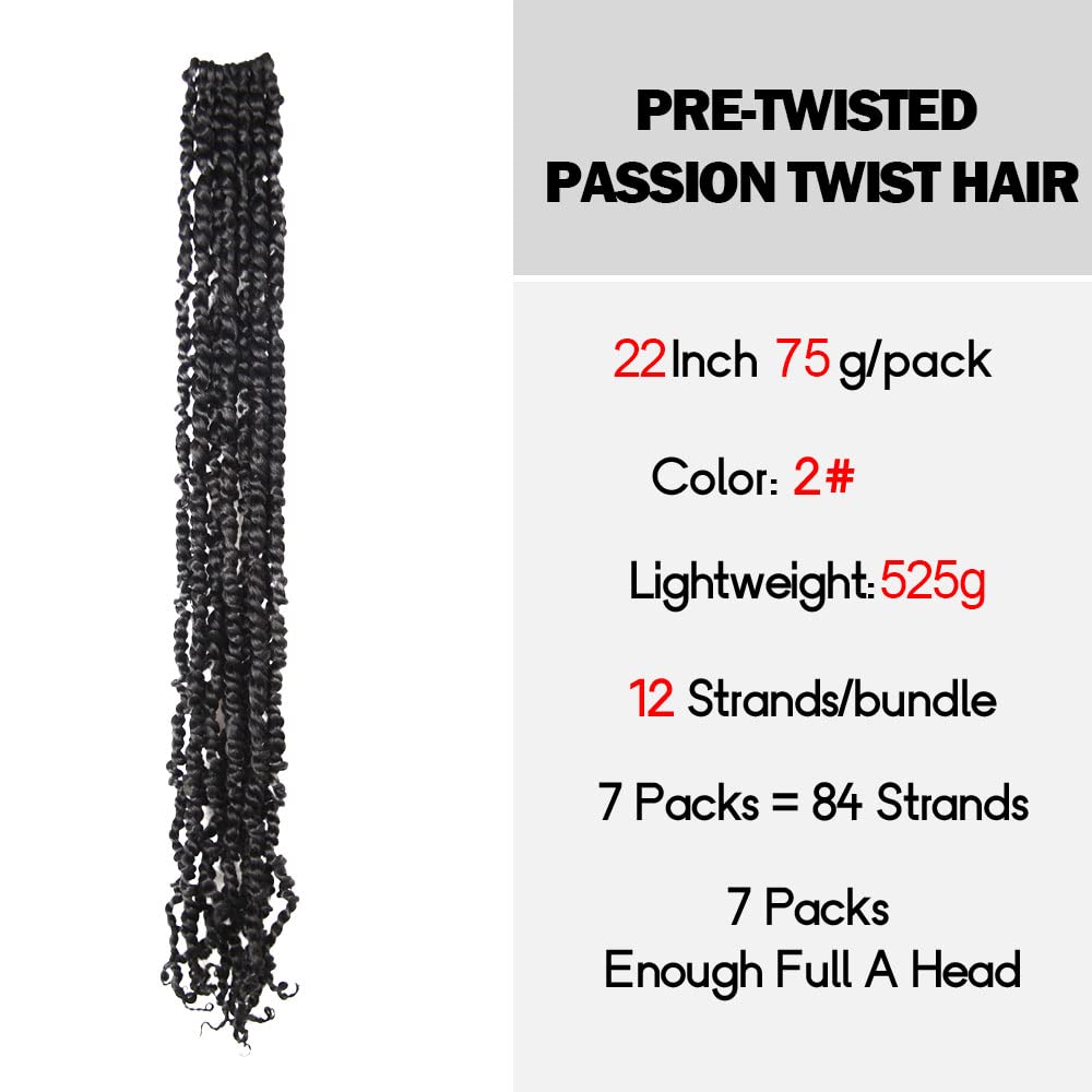 WUDAS Long Passion Twist Hair 22 Inch Pre-twisted Passion Twists Crochet Hair Off Black Pre-looped Synthetic Crochet Braids (7 Packs,2#)