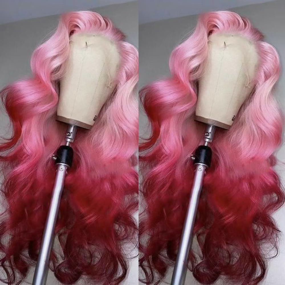 SISIFIRE Pink Highlight Lace Front Wigs for Women Pre-plucked Hairline Glueless 13X4 Inch Synthetic Lace Front Wig with Baby Hair Long Loose Body Wave Red Wigs for Daily Party Wig