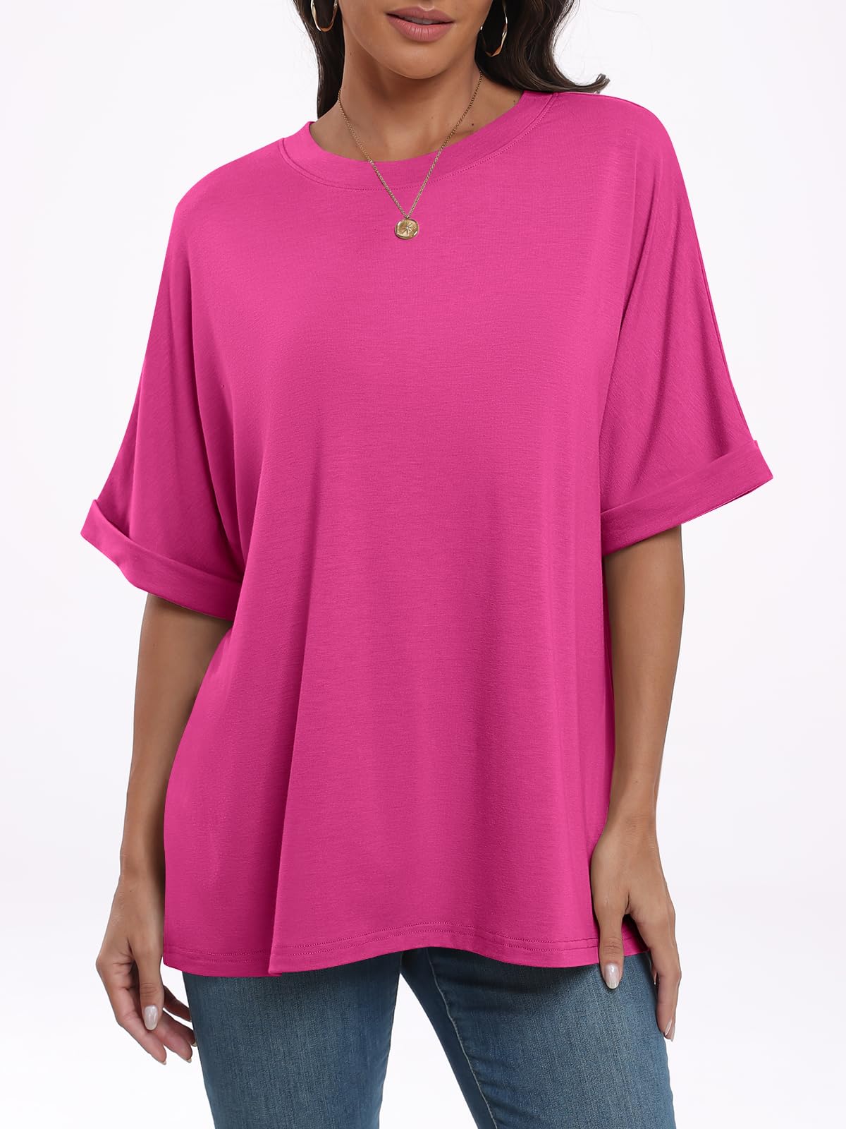 ANRABESS Women's Oversized T Shirts Short Sleeve Crewneck Summer Tops Casual Loose Basic Tee Shirts 2024 Trendy Clothes Hot Pink Small