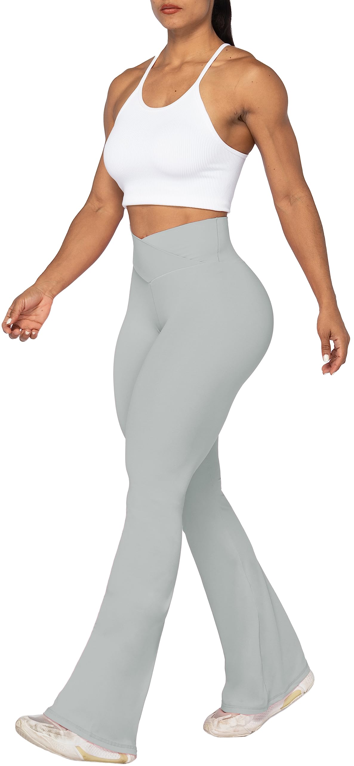 Sunzel Flare Leggings, Crossover Yoga Pants with Tummy Control, High-Waisted and Wide Leg, 30" Inseam, Silver Grey X-Small