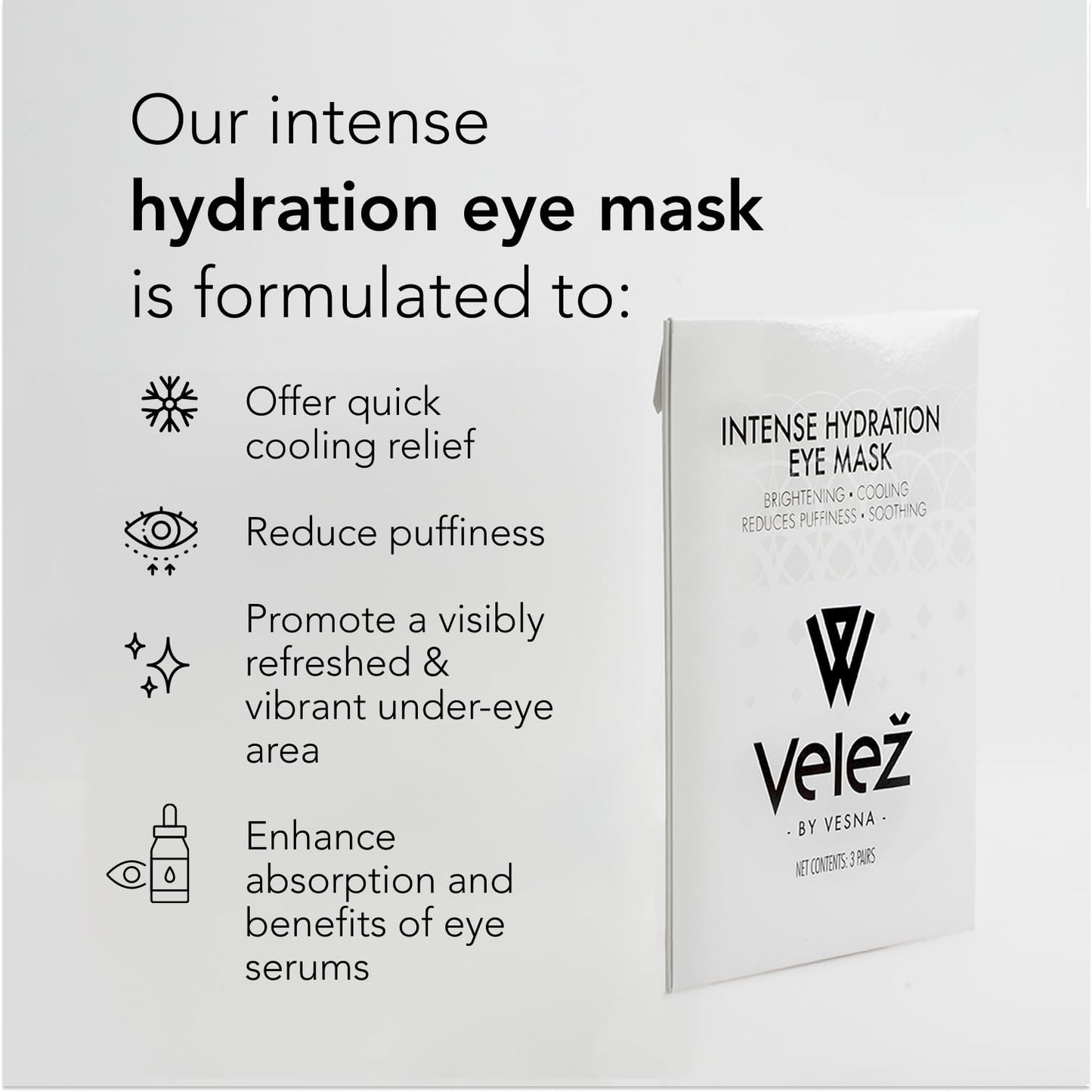 Velez Intense Hydration Under Eye Masks - Helps with Puffiness & Ultra Hydrating, Cooling Eye Mask Patches for a Brightening Effect (3 Pairs)