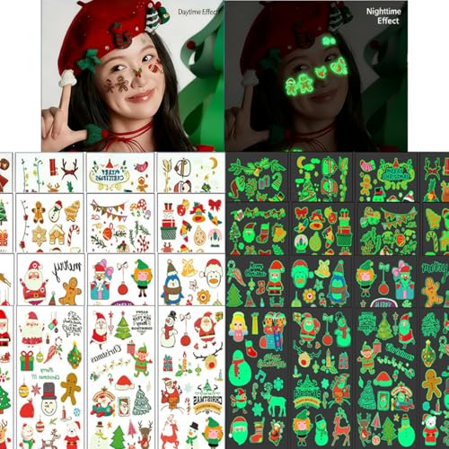 Glow in Dark Christmas Temporary Tattoos for Kids - 20 Sheets