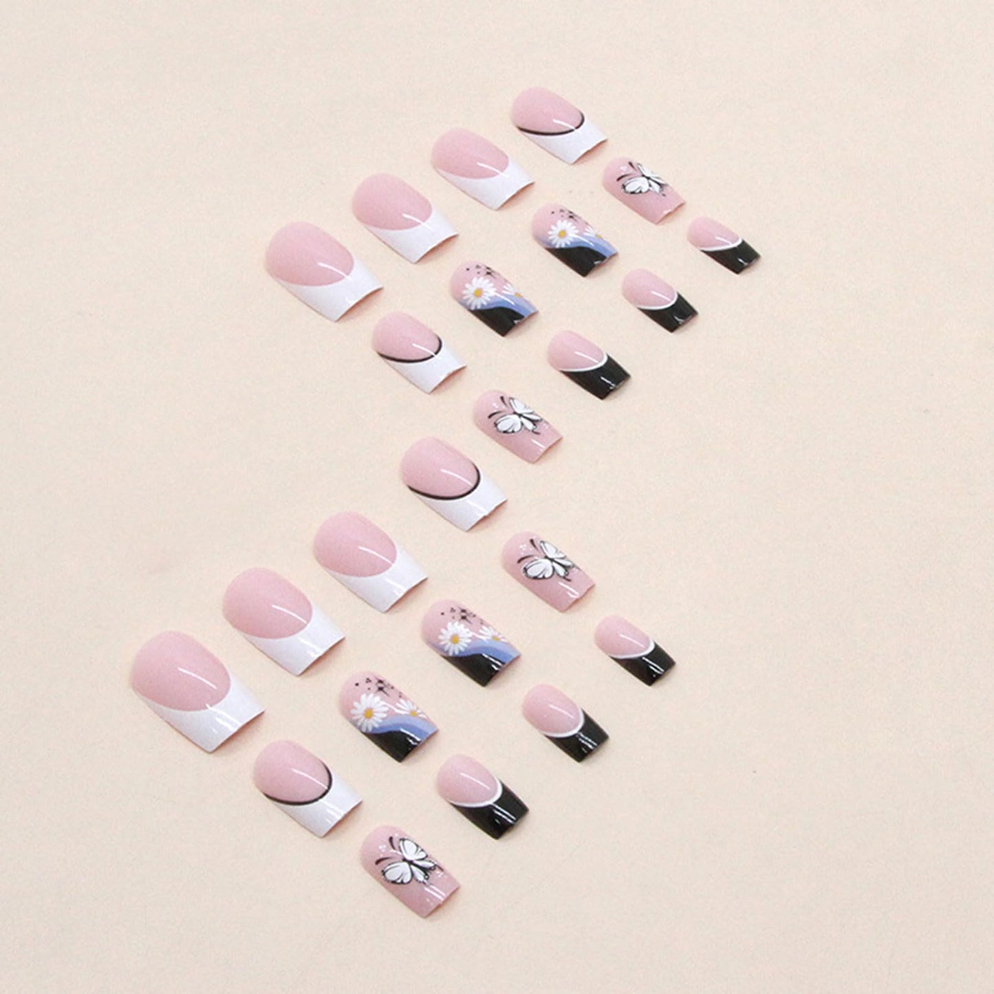 24Pcs Press on Nails Medium Square - WLGDLH Fake Nails Stick on Nails Black White French False Nails Press Ons with Flower Butterfly Full Cover Nail Tips Artificial Acrylic Nail Kit for Women Manicure