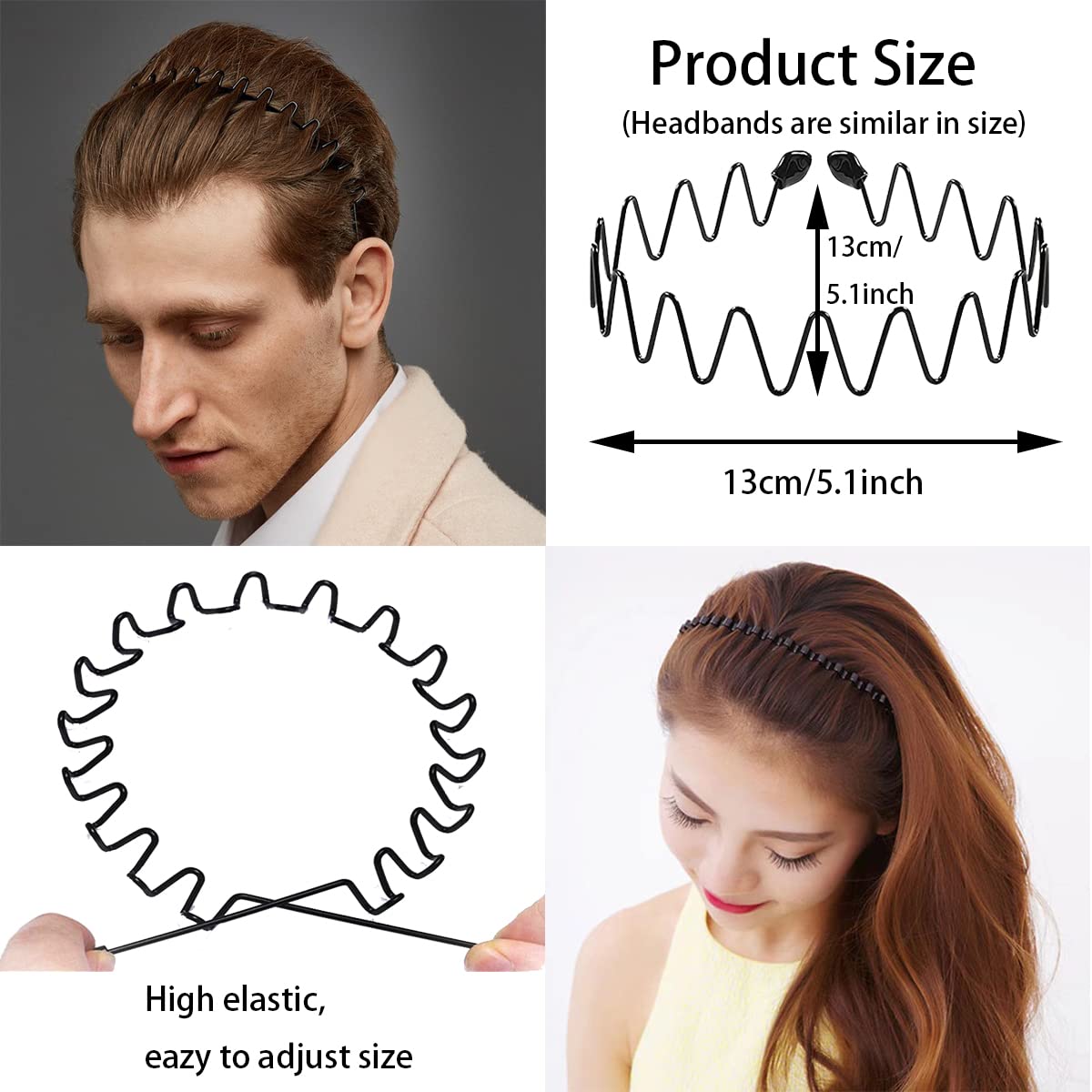 BOYIVI 9 Pieces Metal Hairband for Men and Women Unisex Adjustable Black Wavy Hair Band Non-slip Spring and Summer Home Outdoor Hair Hoop Fashion Simple Elastic Hair Accessories (Style B)