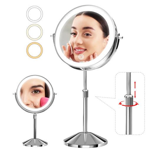 Omobolanle 7in Lighted Makeup Mirror with Magnifying 10x, Height Brightness Adjustable Makeup Mirror with Lights, Rechargeable 360° Swivel Double Sided LED Vanity Mirror 3 Color Lights Silver