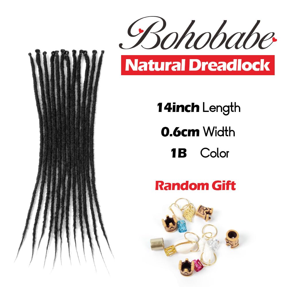 BOHOBABE 14 Inch Thin Synthetic Dreadlock Extensions 0.6cm 20 Strands Short Single End Reggae Dreadlocks Extension Natural Black Dreads Loc 14" (20 Strands,1B)