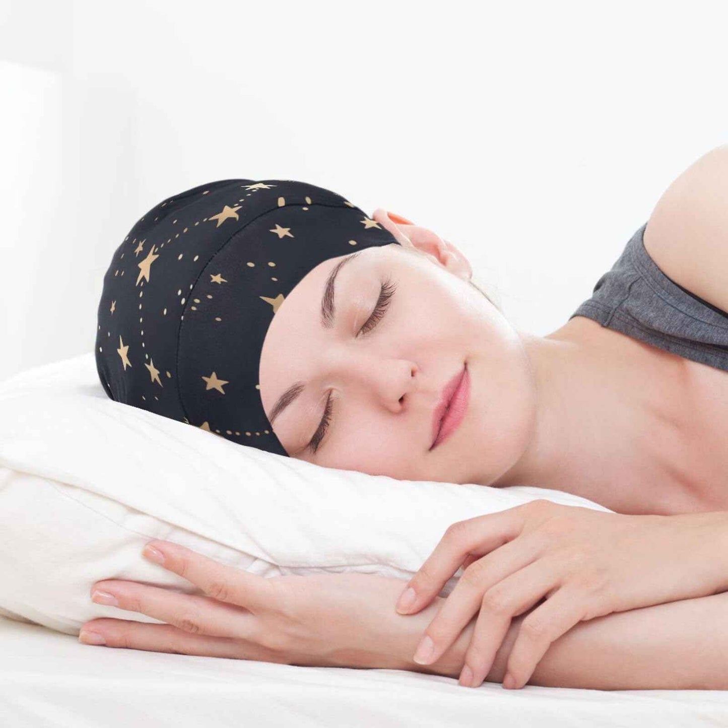Satin Bonnet Hair Wrap for Sleeping Lined Beanie Sleep Cap for Curly Hair Women Men Gold Stars
