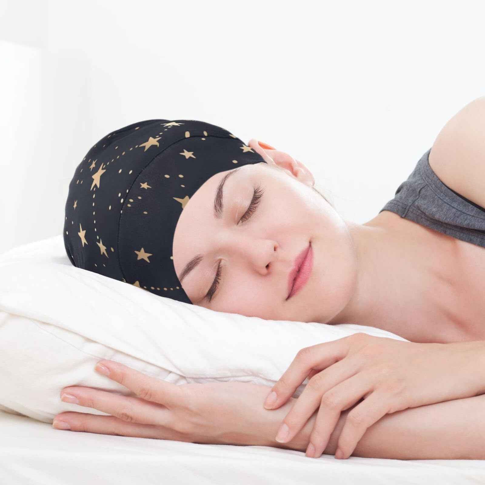 Satin Bonnet Hair Wrap for Sleeping Lined Beanie Sleep Cap for Curly Hair Women Men Gold Stars