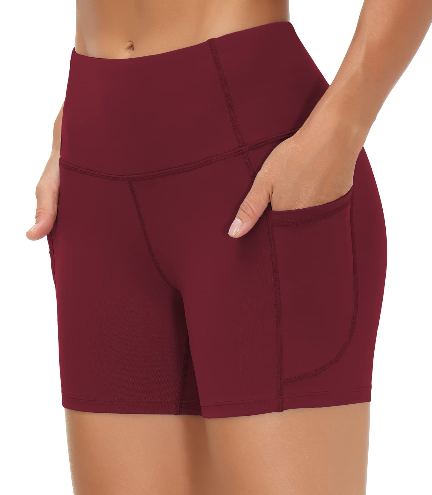 THE GYM PEOPLE High Waist Yoga Shorts for Women's Tummy Control Fitness Athletic Workout Running Shorts with Deep Pockets (Small, Wine Red)