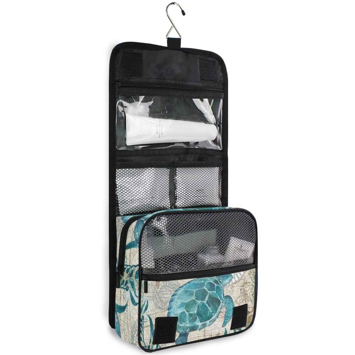 Hanging Travel Toiletry Bag Kit Makeup Case Cosmetics Organizer for Men Women (Sea Lives Turtle Coral)