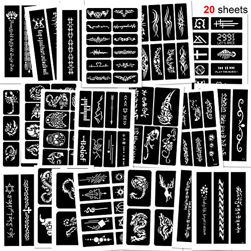 Konsait 123pcs Large Temporary Tattoos Stencils, 20 Sheets Man Glitter Tattoo Kit Templates Face Painting Stencil Body Art Stencil Pack for Adults Women