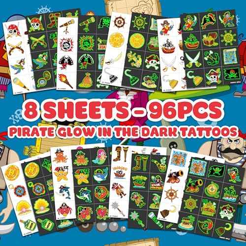 96 PCS Pirate Ship Nautical Pre-Cut Luminous Glow in the dark Temporary Tattoos for Kids | Super Cute Theme Birthday Party Favors Supplies Decorations, Treasure Fake Tattoos Gifts for Boys Girls