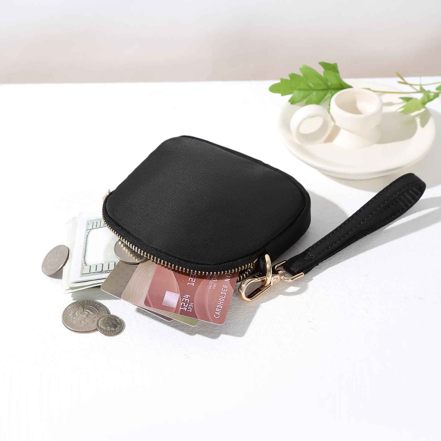 YONBEN Organizer Bag Makeup Bag for Purse Travel Toiletry Zipper Pouch Small Makeup Pouch with Pockets Wristband design (Black Nylon)