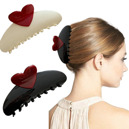 BWDCQMX Heart Hair Claw Clips for Women Girls Black White Hair Styling Accessories Red Heart Elegant Hair Barrette Non-Slip Strong Hold Hair Clamps for Women Girls(Large, Strong Medium Hair)