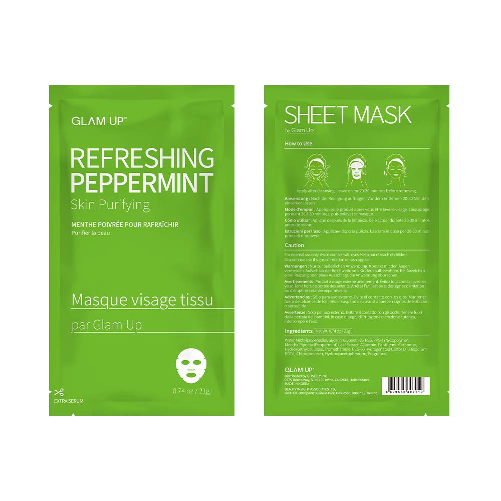 GLAM UP Sheet Mask Refreshing Peppermint (10 sheets) - Calming, Pore Tightening