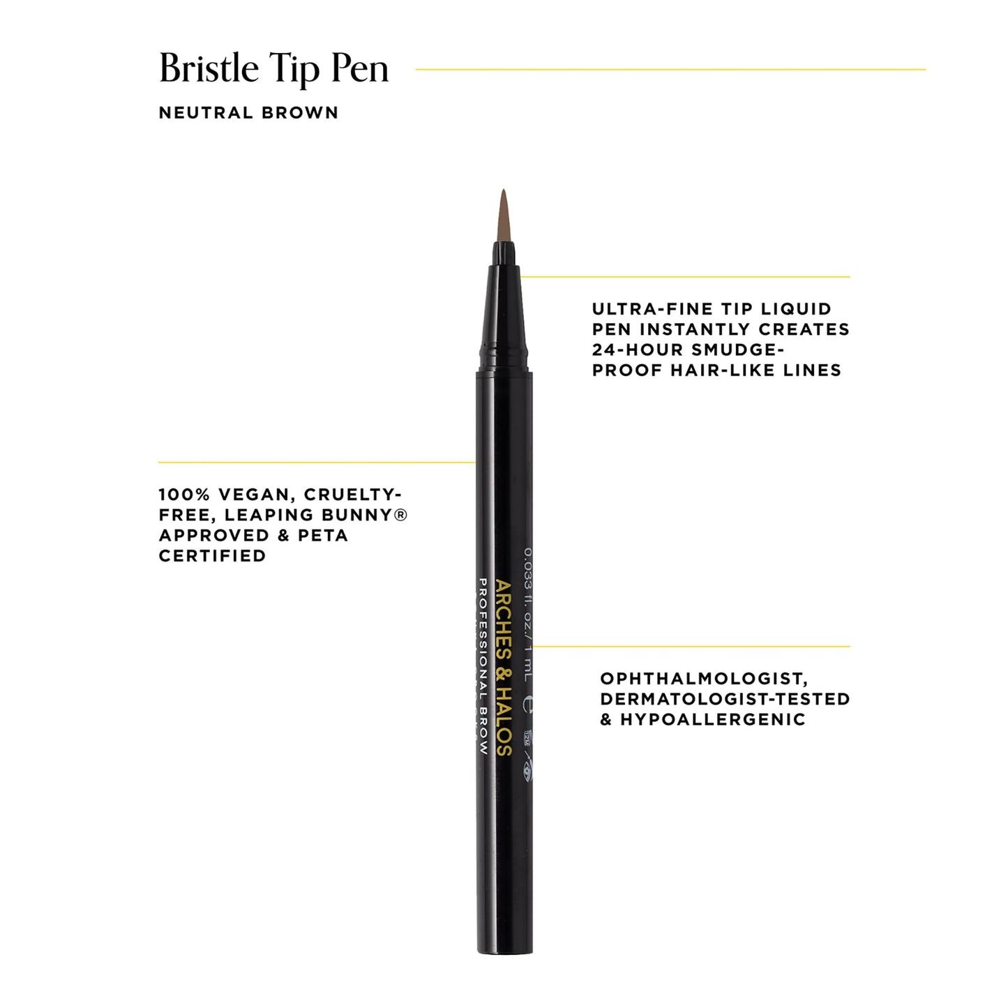 Arches & Halos Bristle Tip Pen - For Full, Bold, More Defined Brows - Long-lasting, Smudge Proof, Pigmented Color - Vegan and Cruelty Free Makeup - Neutral Brown - 0.02 fl oz