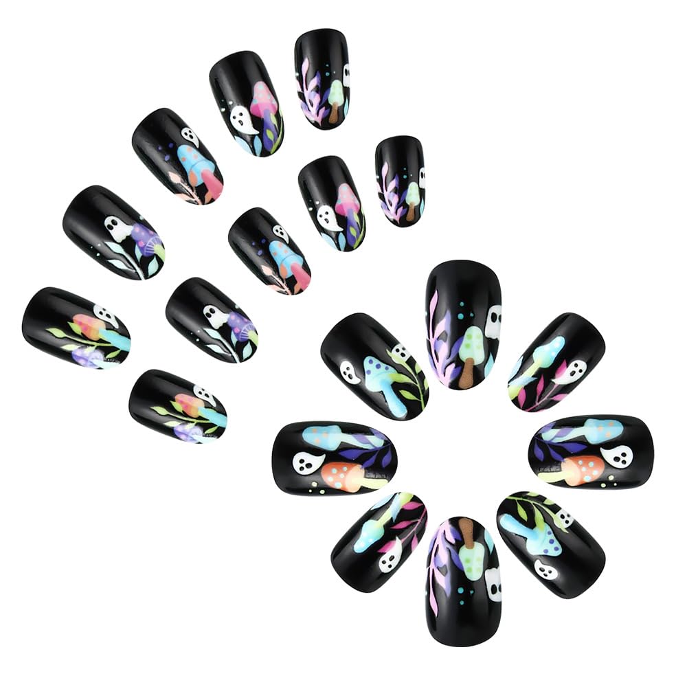 24Pcs Halloween Fake Nails White Ghost Press on Nails Short Oval Shape Fake Nails with Mushroom Little Ghost Designs Glue on Nails Spooky Acrylic Nails Artificial Nails for Women Nails Manicure Decor