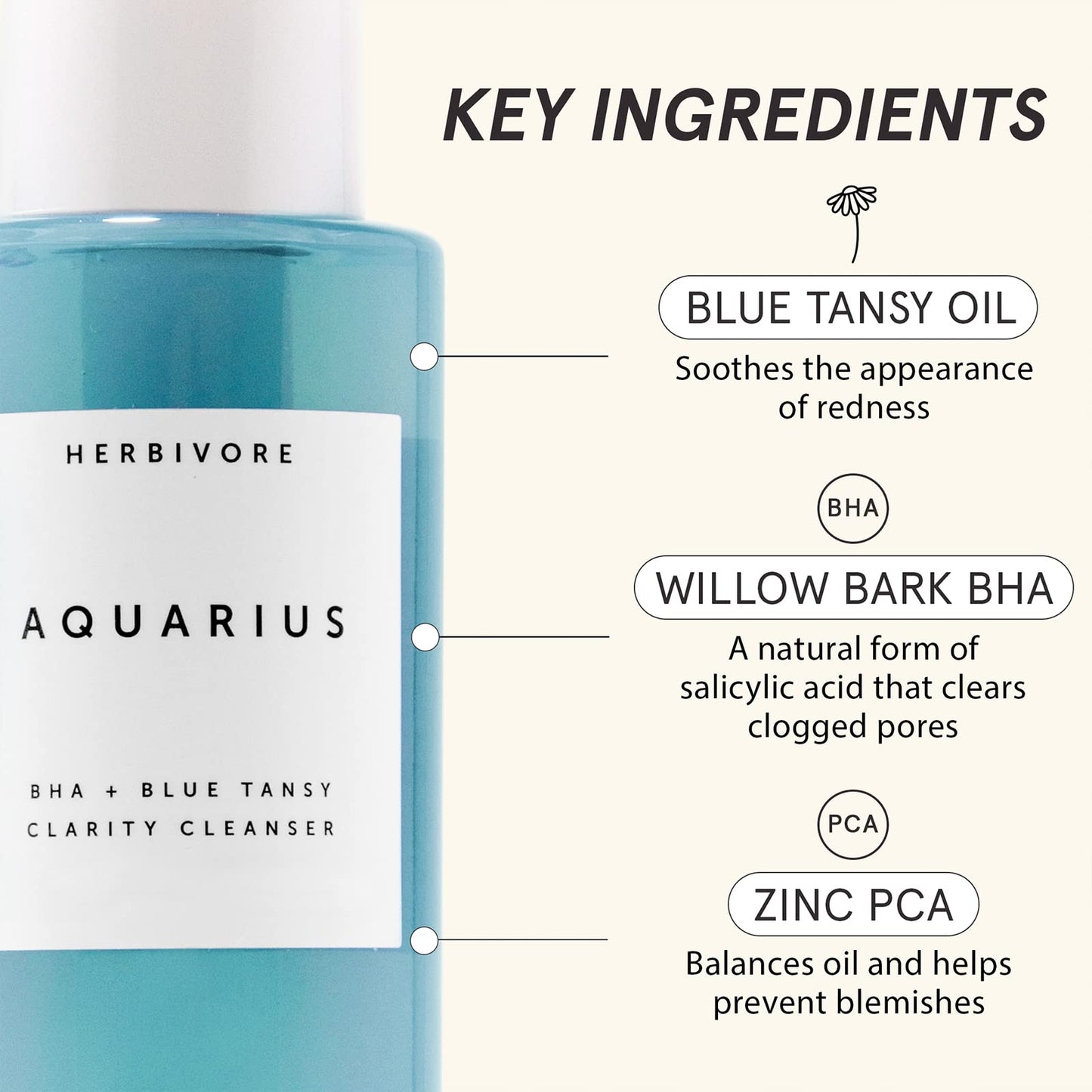 HERBIVORE Aquarius BHA + Blue Tansy Clarity Cleanser – Deep Cleansing, Gentle Exfoliation for Oily-Combination Skin, Plant-Based, Vegan, Cruelty-free, 3.3 oz