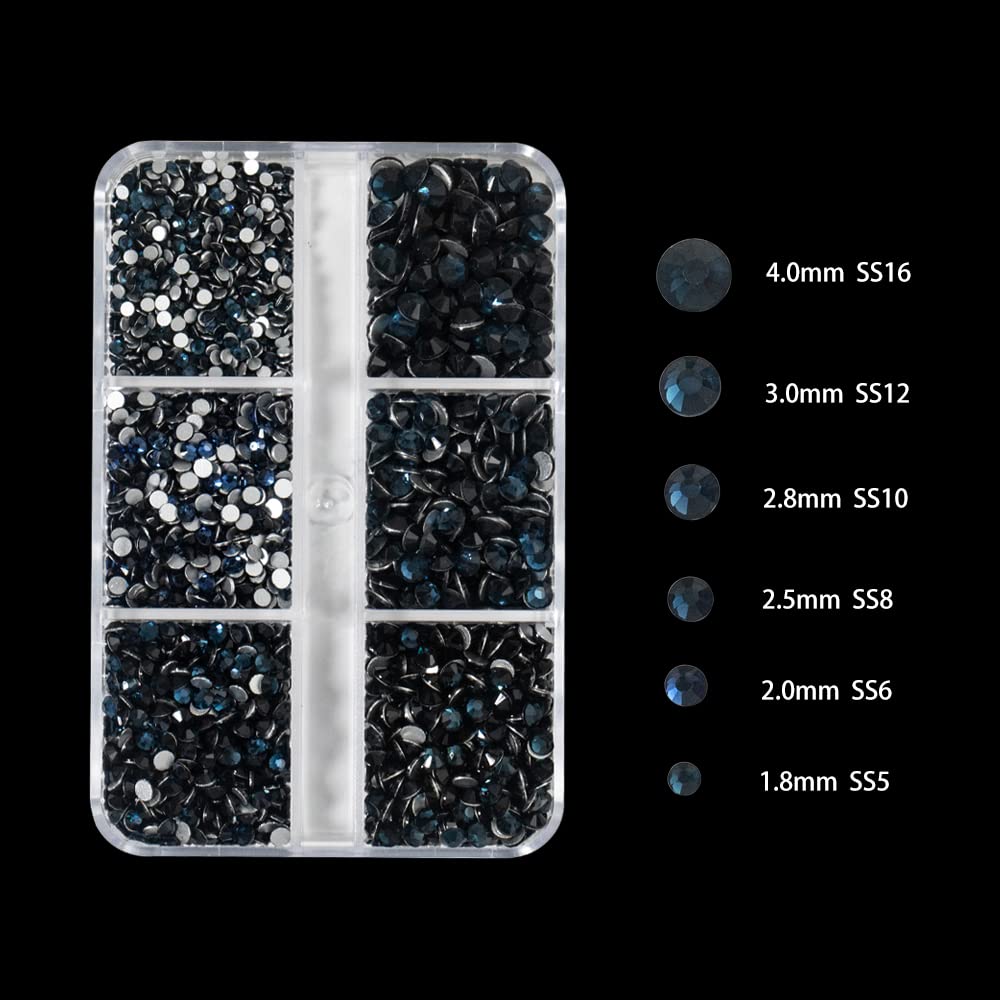 6Grids 3000Pcs Clear Flatback Rhinestones Crafts,Ink Blue Nail Gems Crystals Jewels,Craft Glass Diamonds Stones Bling Rhinestone with Tweezers and Picking Pen for Nail Face Makeup(1.8mm~4mm Crystal)